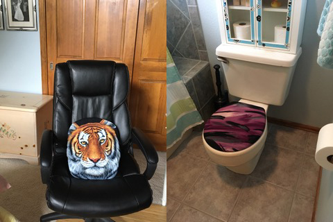 Fun bathroom ideas with toilet seat lid covers, tiger covering pillow and purple bathroom