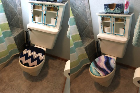 changing your bathrooms look with toilet seat lid covers, blue chevron lid cover and pastel bathroom idea