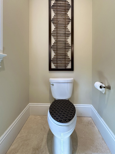 mbs bathroom wall piece and brown and black toilet seat lid cover